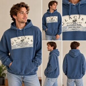 Prairie Mountain Glacier National Park Blue Graphic Hoodie Sweatshirt L